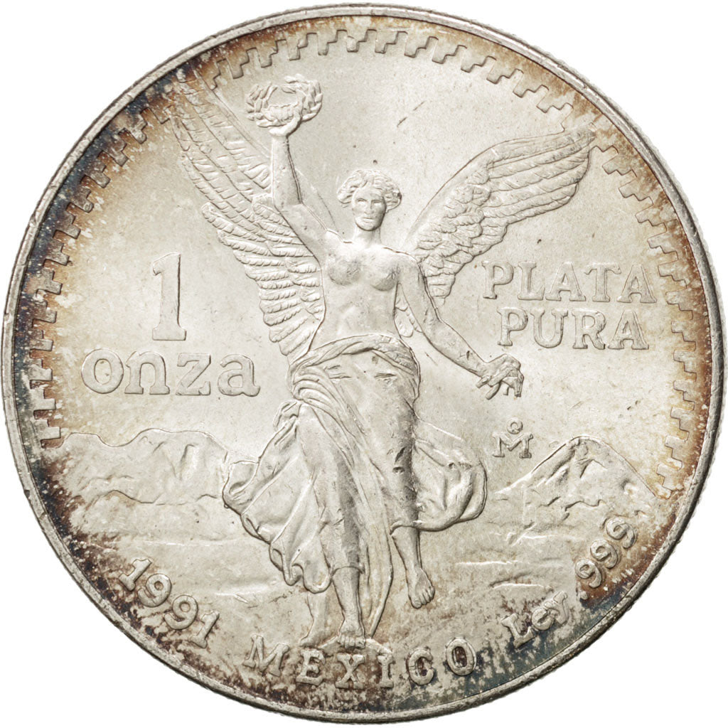 MEXICO, Onza, Troy Ounce of Silver, 1991, Mexico City, KM #494.3, AU(55-58),...