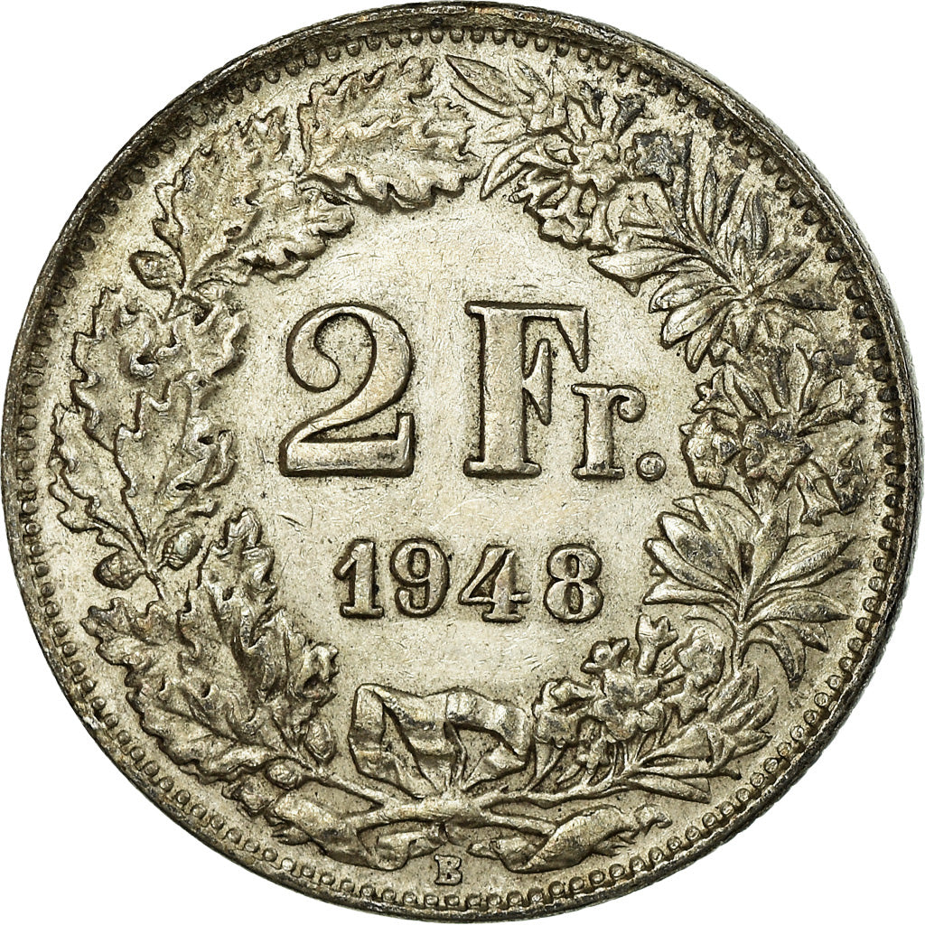 Coin, Switzerland, 2 Francs, 1948, Bern, AU(55-58), Silver, KM:21