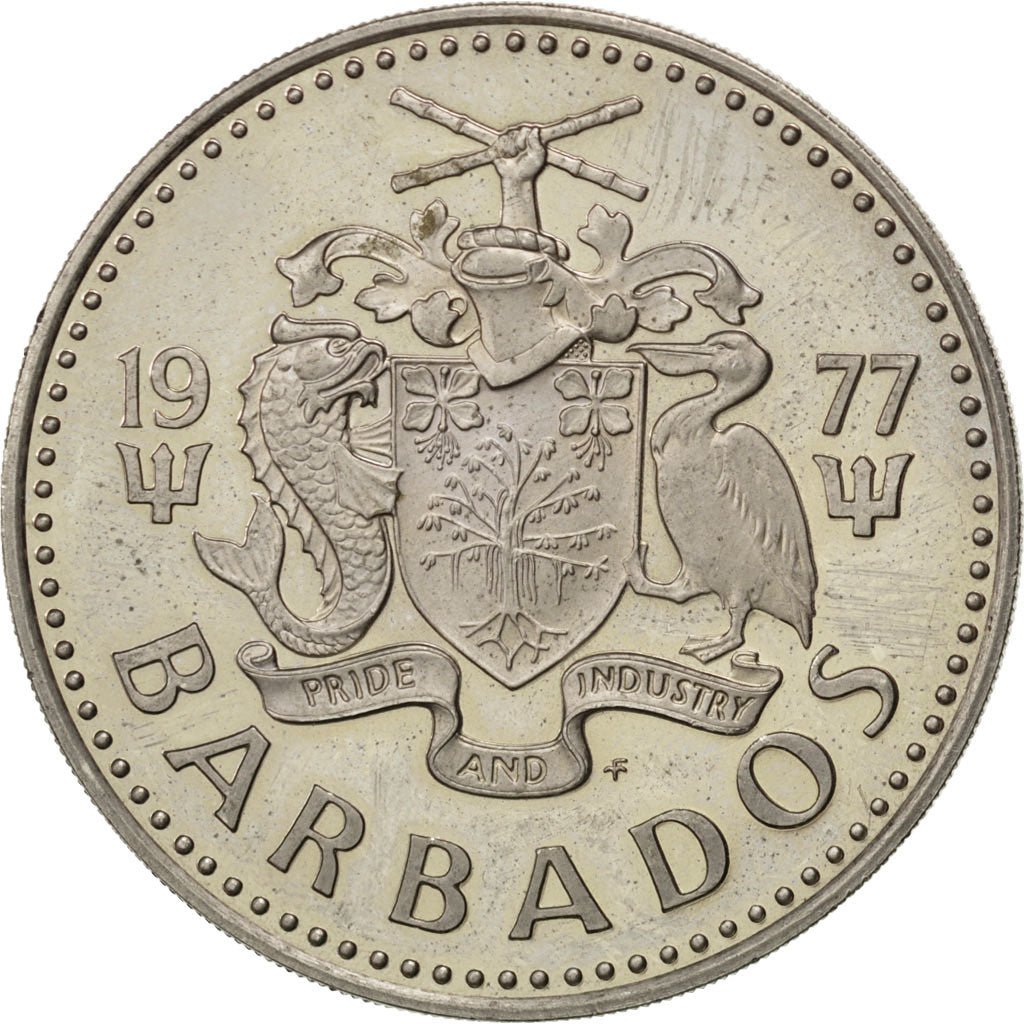 BARBADOS, 2 Dollars, 1977, Franklin Mint, KM #15, MS(60-62), Copper-Nickel, 37,.