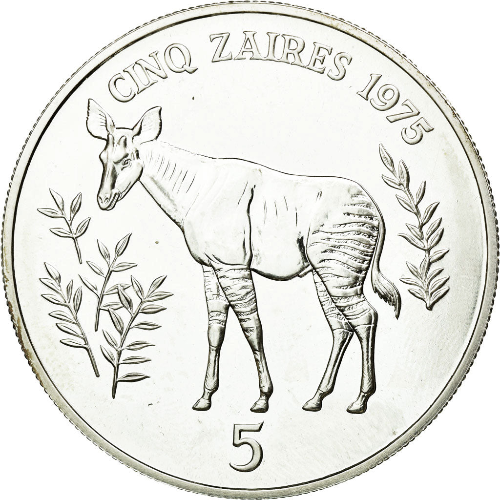 Coin, Zaire, 5 Zaïres, 1975, MS(63), Silver, KM:10
