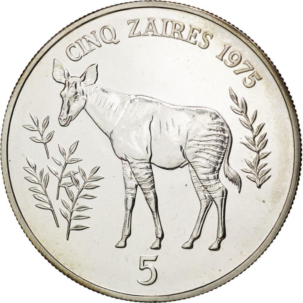 Coin, Zaire, 5 Zaïres, 1975, MS(63), Silver, KM:10