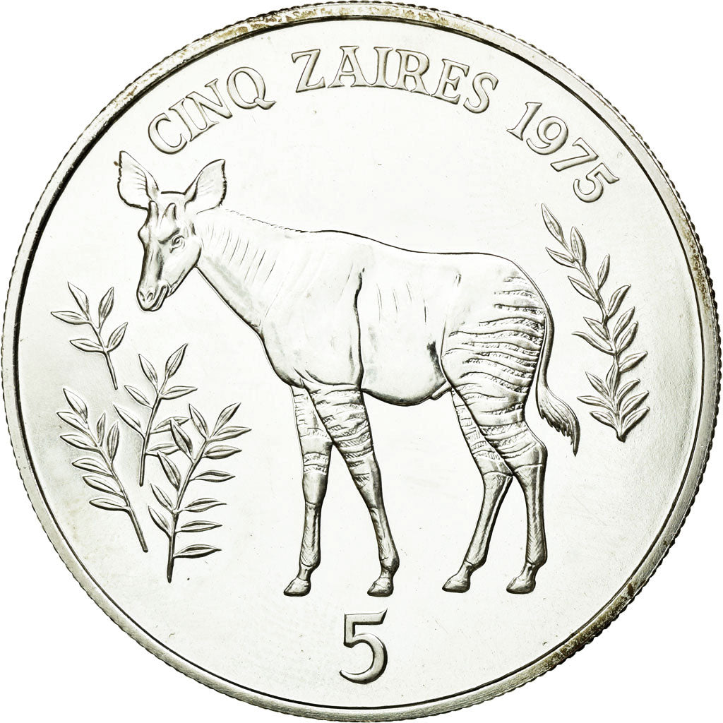 Coin, Zaire, 5 Zaïres, 1975, MS(63), Silver, KM:10