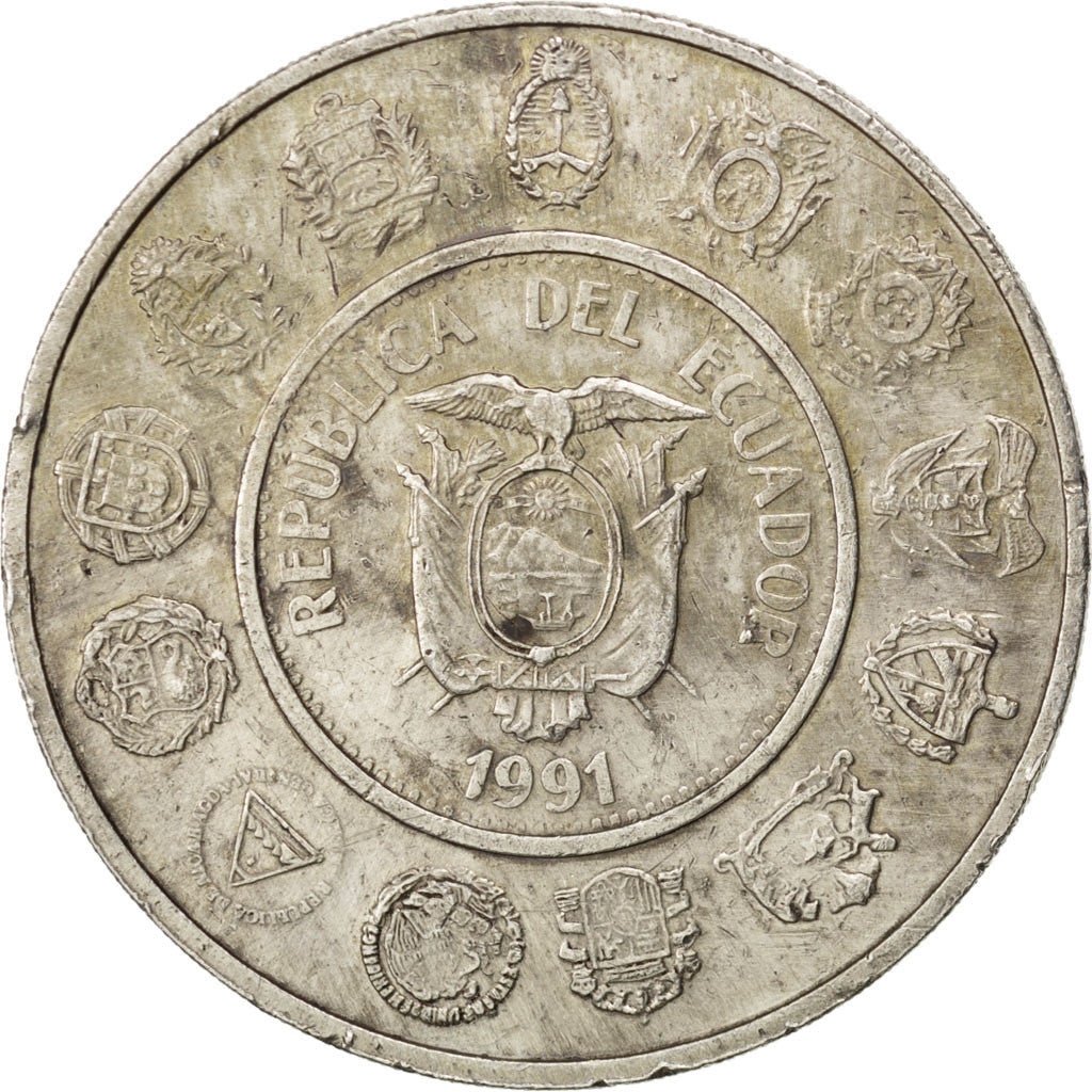 ECUADOR, 5000 Sucres, 1991, KM #95, AU(50-53), Silver, 27.37