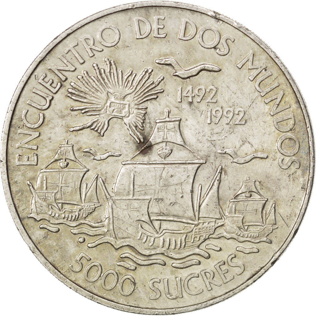 ECUADOR, 5000 Sucres, 1991, KM #95, AU(50-53), Silver, 27.37