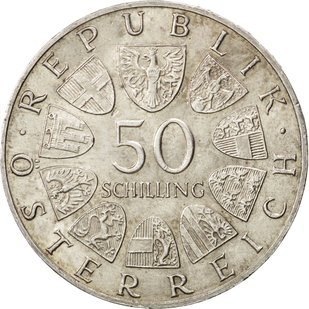 AUSTRIA, 50 Schilling, 1967, KM #2902, AU(50-53), Silver, 34, 19.94