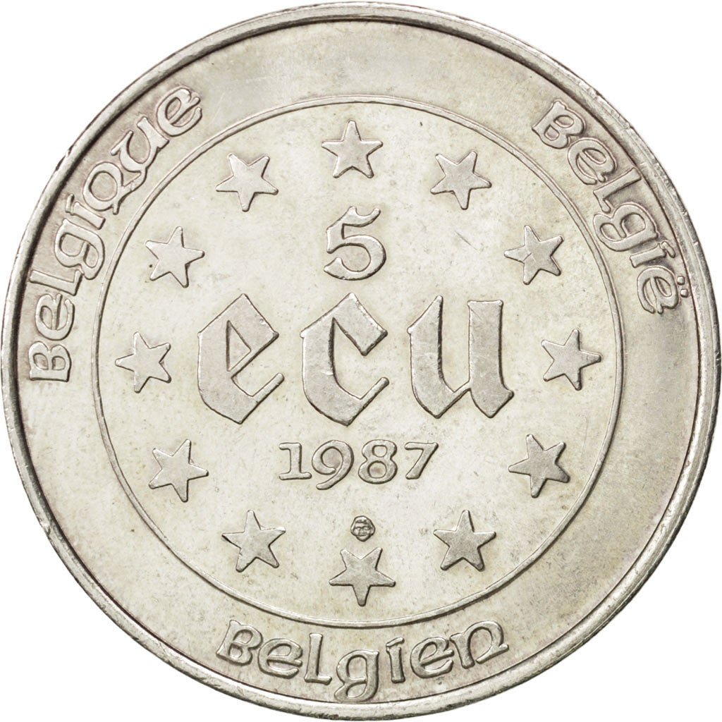 BELGIUM, 5 ECU, 1987, KM #166, AU(55-58), Silver, 37, 22.86