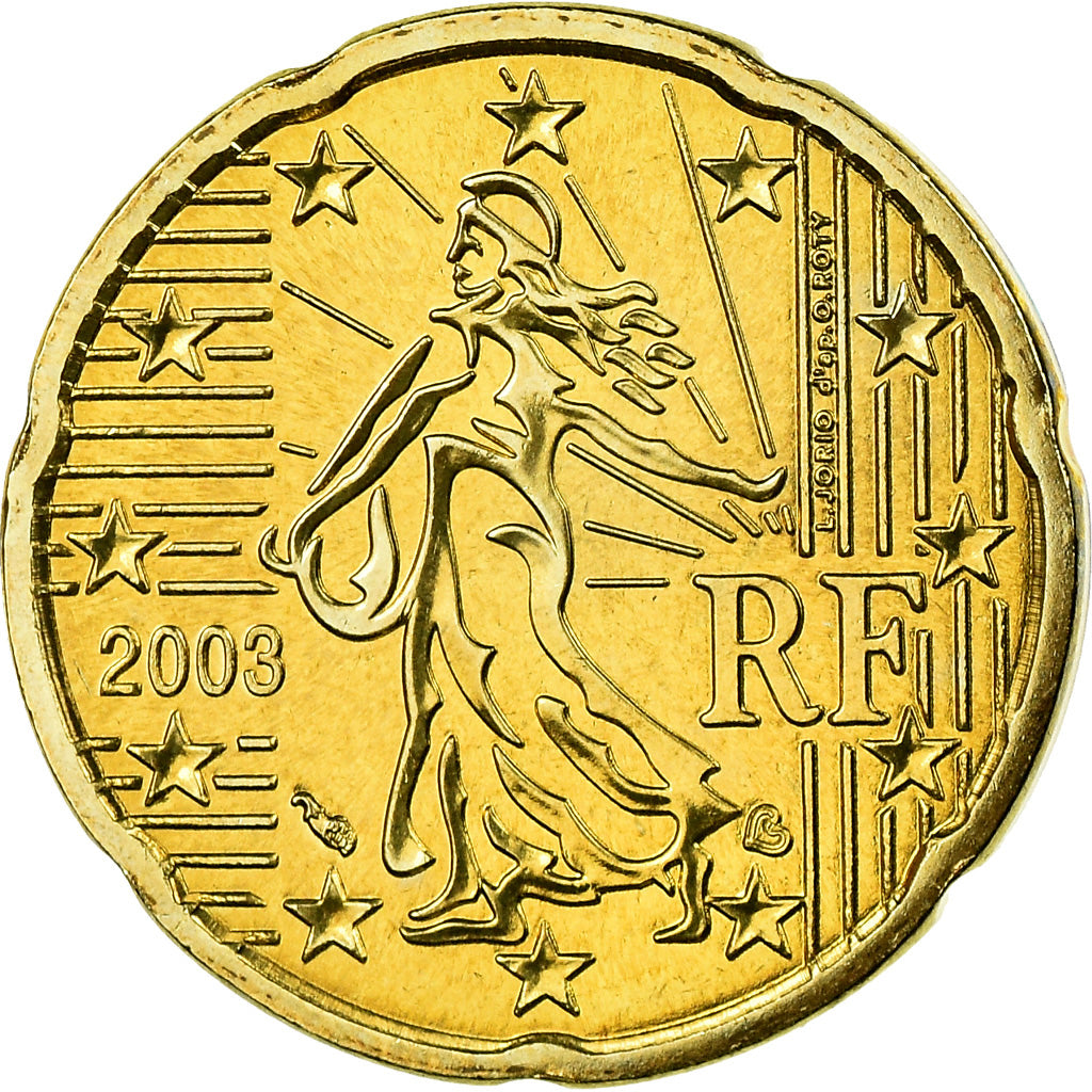 France, 20 Euro Cent, 2003, MS(65-70), Brass, KM:1286