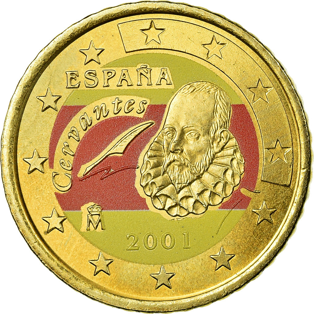 Hiszpania, 50 Euro Cent, 2001, Madrid, Colourized, MS(63), Mosiądz, KM:1045