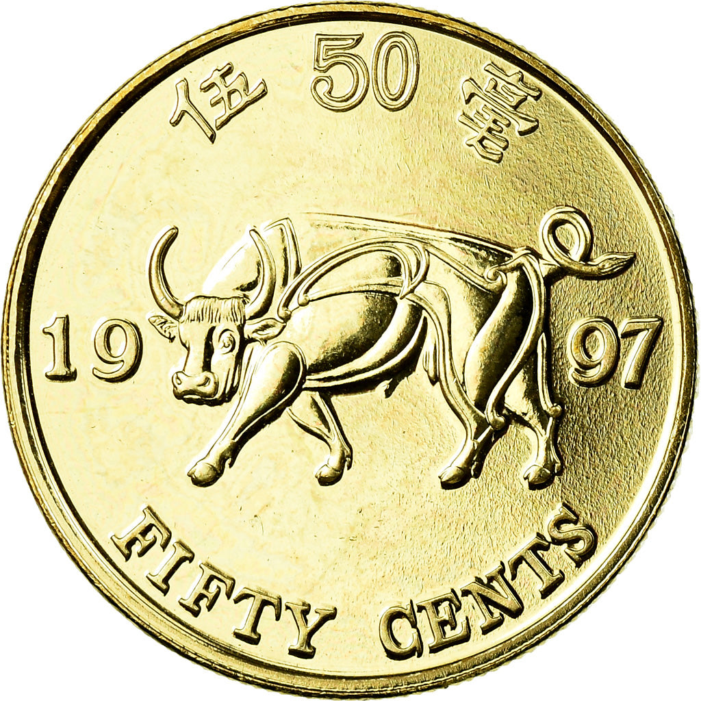 Moeda, Hong Kong, Elizabeth II, 50 Cents, 1997, MS(63), Aço Cromado a Latão
