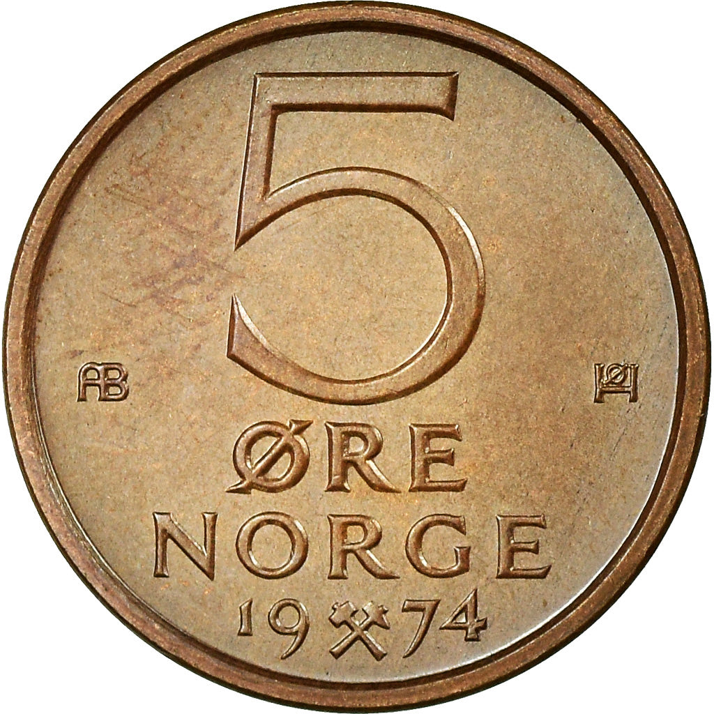 Moneda, Noruega, Olav V, 5 Öre, 1974, SC, Bronce, KM:415