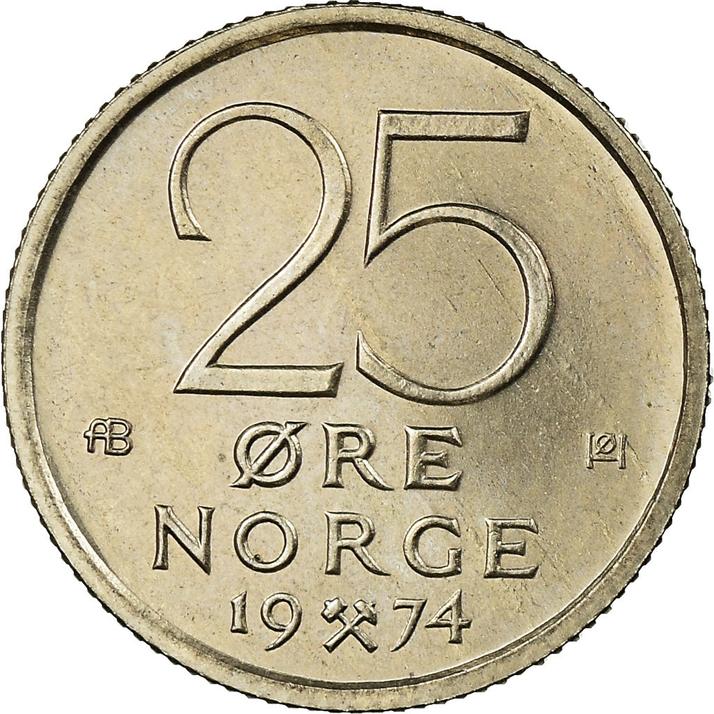 Moneta, Norvegia, Olav V, 25 Öre, 1974, MB+, Rame-nichel, KM:417
