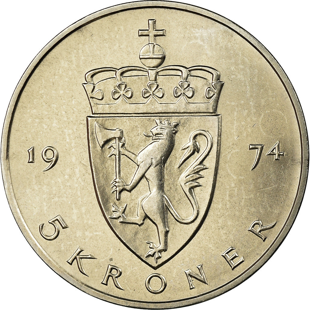 Coin, Norway, Olav V, 5 Kroner, 1974, MS(63), Copper-nickel, KM:420