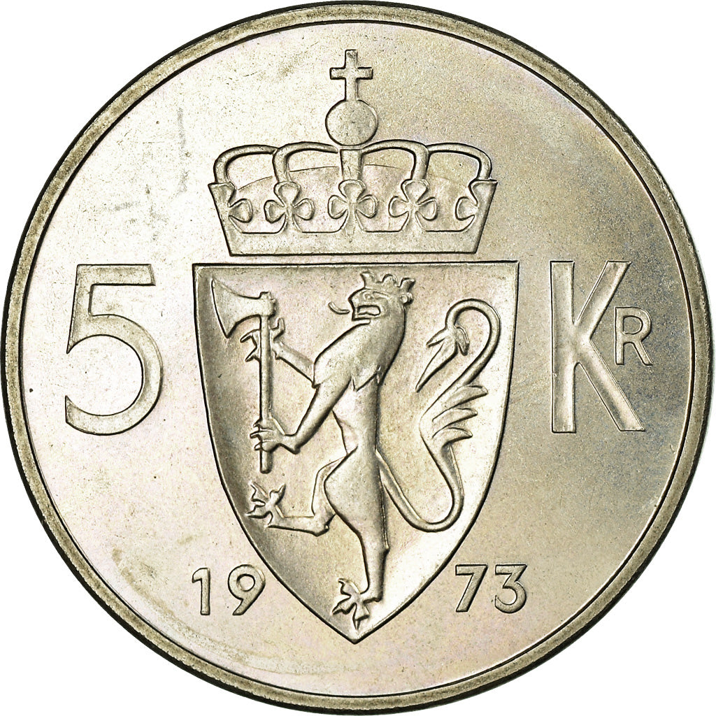 Coin, Norway, Olav V, 5 Kroner, 1973, MS(63), Copper-nickel, KM:412