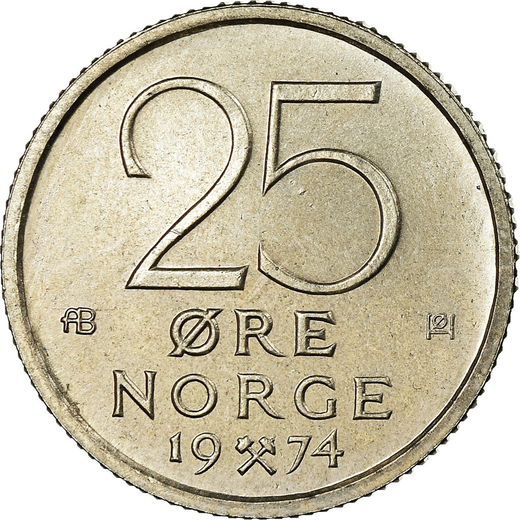 Coin, Norway, Olav V, 25 Öre, 1974, MS(63), Copper-nickel, KM:417