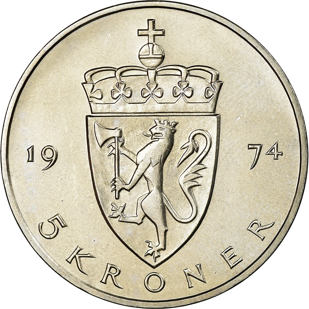 Coin, Norway, Olav V, 5 Kroner, 1974, MS(63), Copper-nickel, KM:420