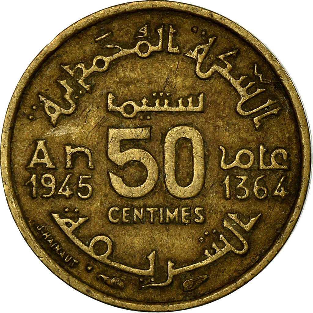 Coin, Morocco, Mohammed V, 50 Centimes, 1945, Paris, EF(40-45), Aluminum-Bronze