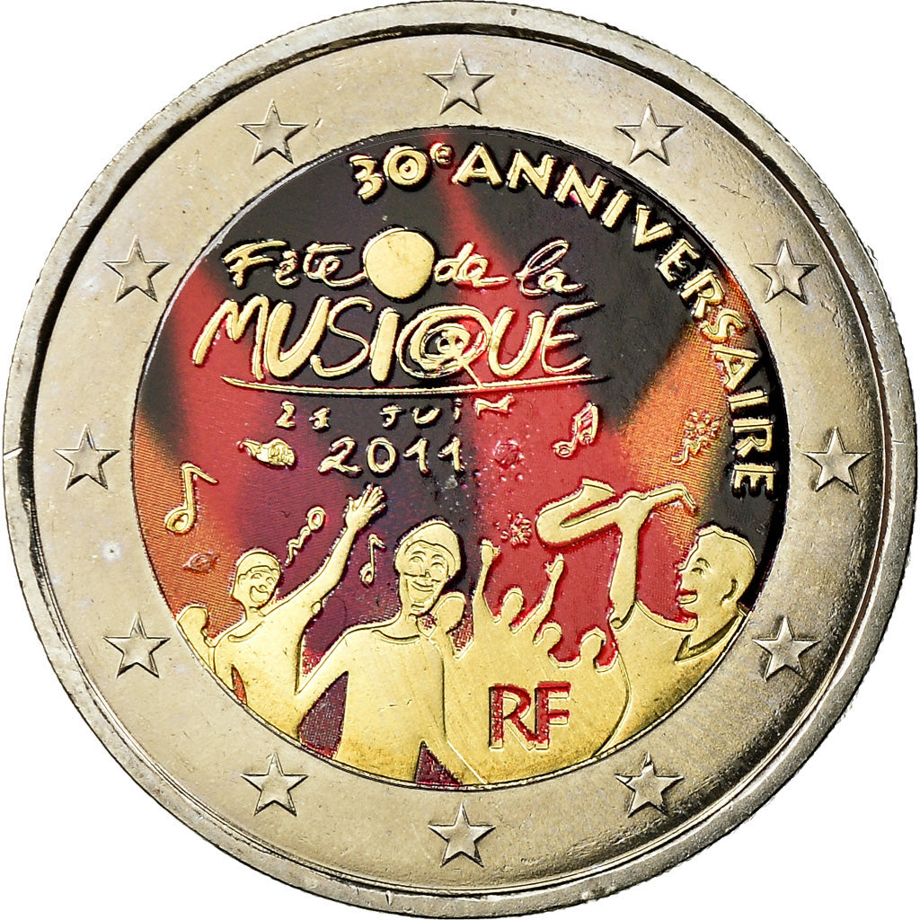 França, 2 Euro, Fête Musique, 2011, Colorised, MS(63), Bimetálico, KM:1789