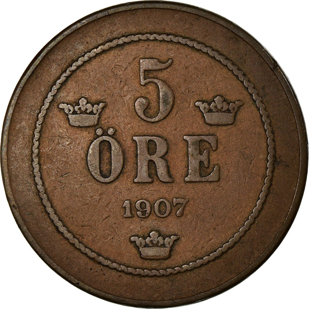 Coin, Sweden, Oscar II, 5 Öre, 1907, VF(30-35), Bronze, KM:770