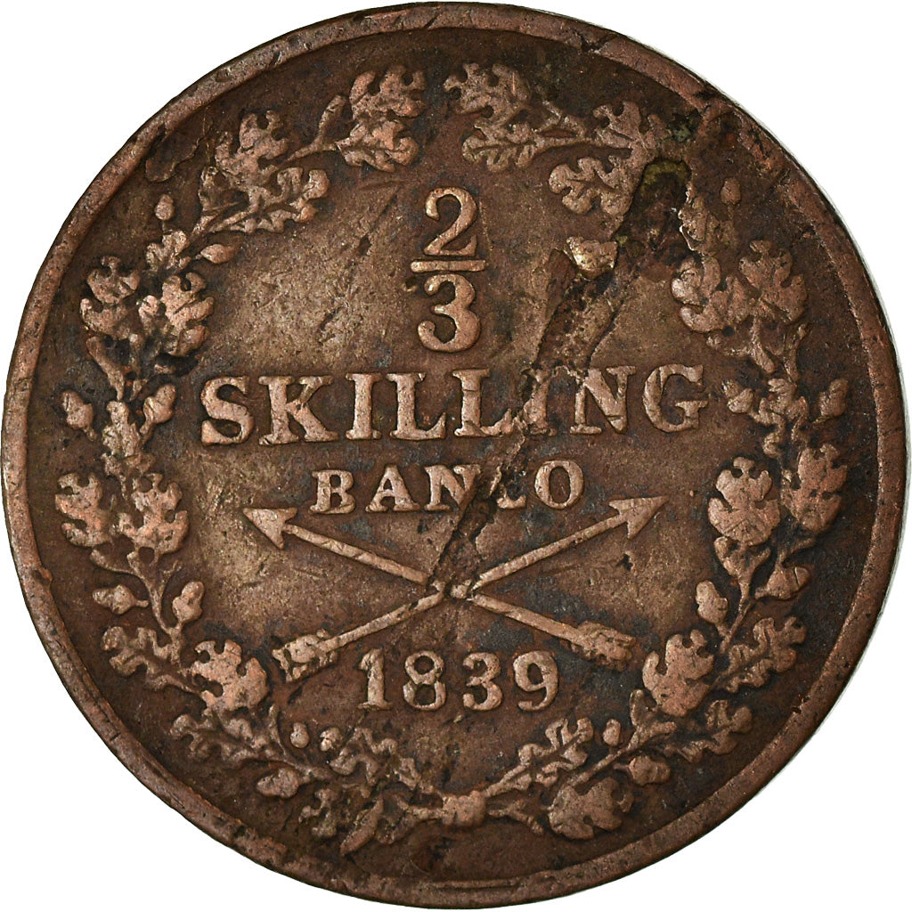 Münze, Schweden, Carl XIV Johan, 2/3 Skilling, 1839, S+, Kupfer, KM:641