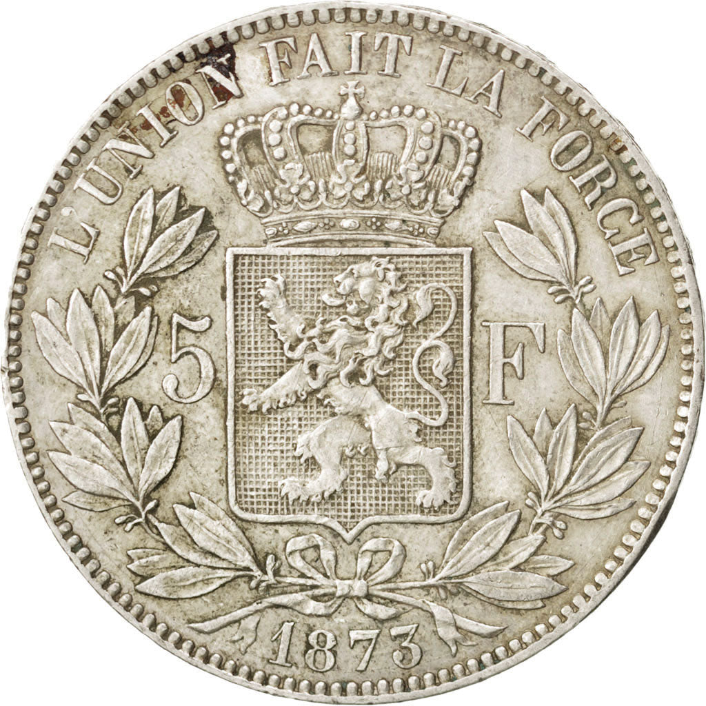 BELGIUM, 5 Francs, 5 Frank, 1873, KM #24, AU(50-53), Silver, 24.93