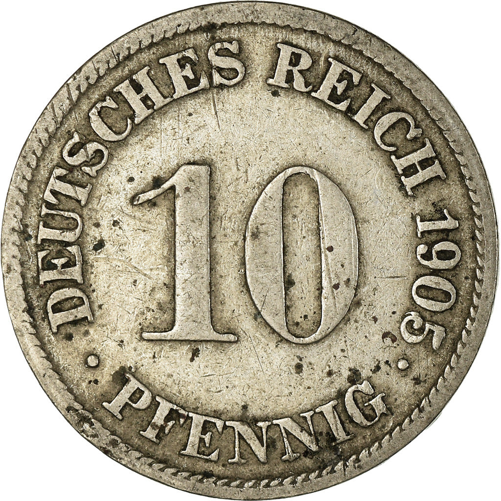 Coin, GERMANY - EMPIRE, Wilhelm II, 10 Pfennig, 1905, Munich, VF(30-35)