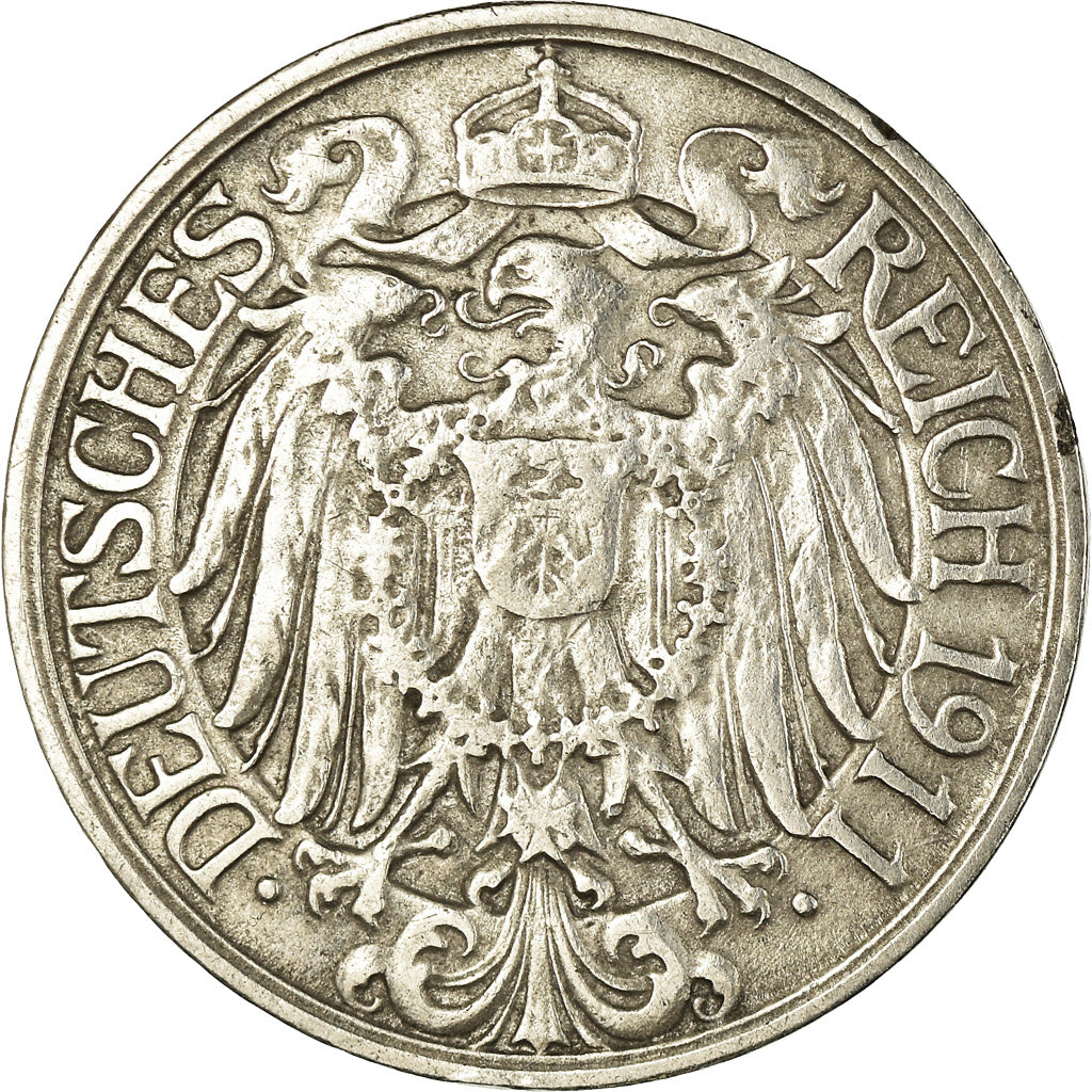 Moneta, GERMANIA - IMPERO, Wilhelm II, 25 Pfennig, 1911, Karlsruhe, BB, Nichel