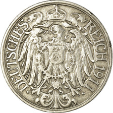 Monnaie, GERMANY - EMPIRE, Wilhelm II, 25 Pfennig, 1911, Karlsruhe, TTB, Nickel