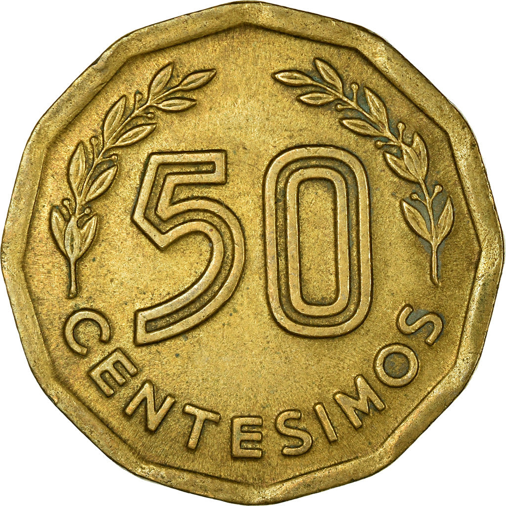 Moneda, Uruguay, 50 Centesimos, 1977, Santiago, MBC, Aluminio - bronce, KM:68