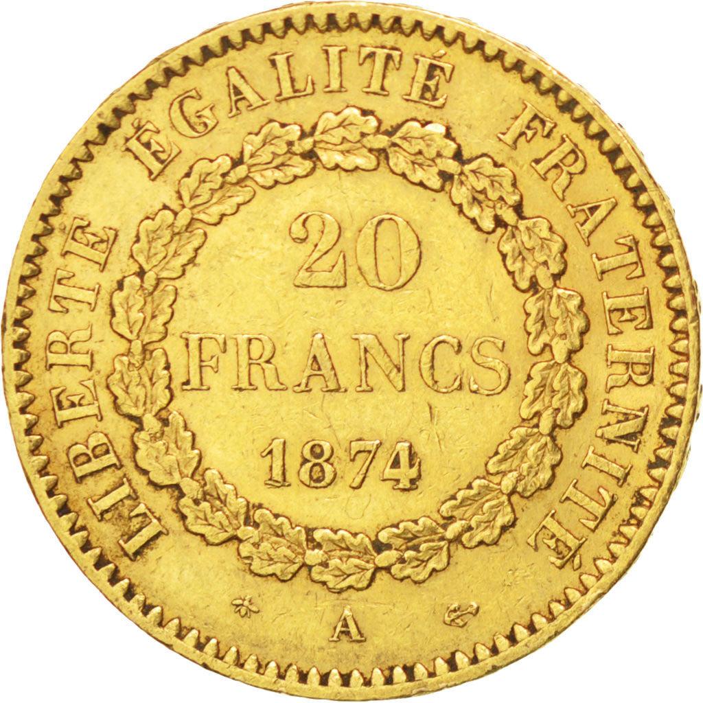 FRANCE, Génie, 20 Francs, 1874, Paris, KM #825, EF(40-45), Gold, Gadoury #1063, 