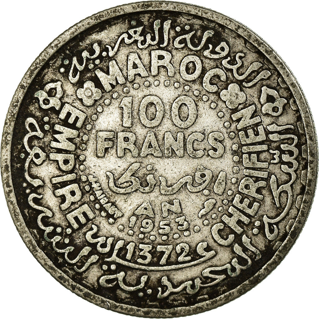 Coin, Morocco, Mohammed V, 100 Francs, 1953, Paris, EF(40-45), Silver, KM:52