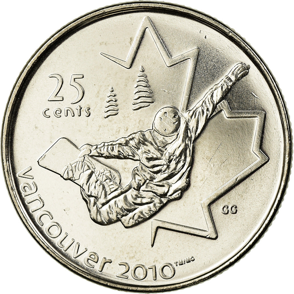 Coin, Canada, Elizabeth II, Snowboard, 25 Cents, 2008, MS(63), Nickel plated