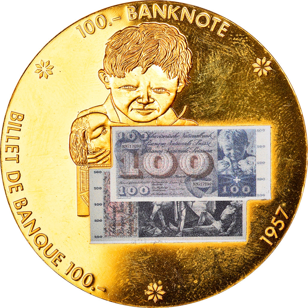 Switzerland, Medal, Billet de Banque 100 Francs, 1957, MS(63), Copper Gilt