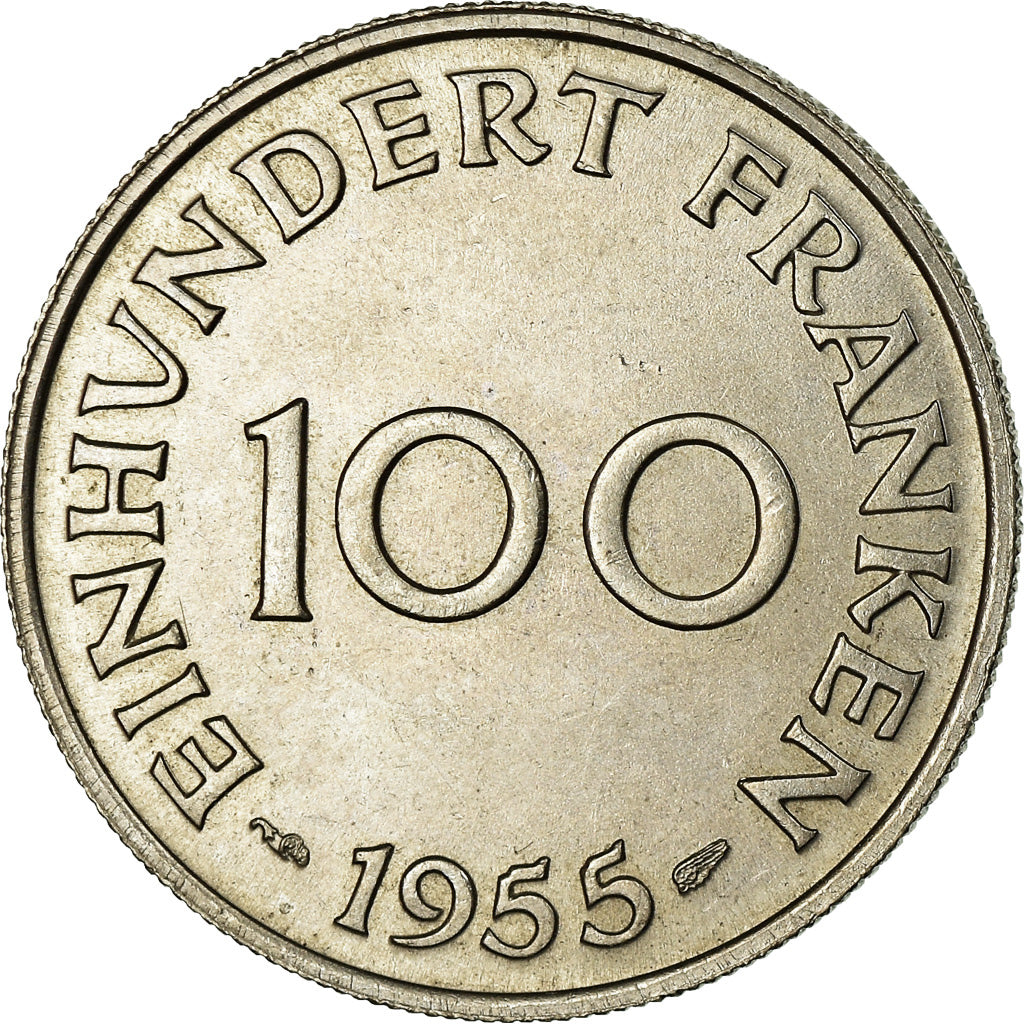 Coin, SAARLAND, 100 Franken, 1955, Paris, EF(40-45), Copper-nickel, KM:4