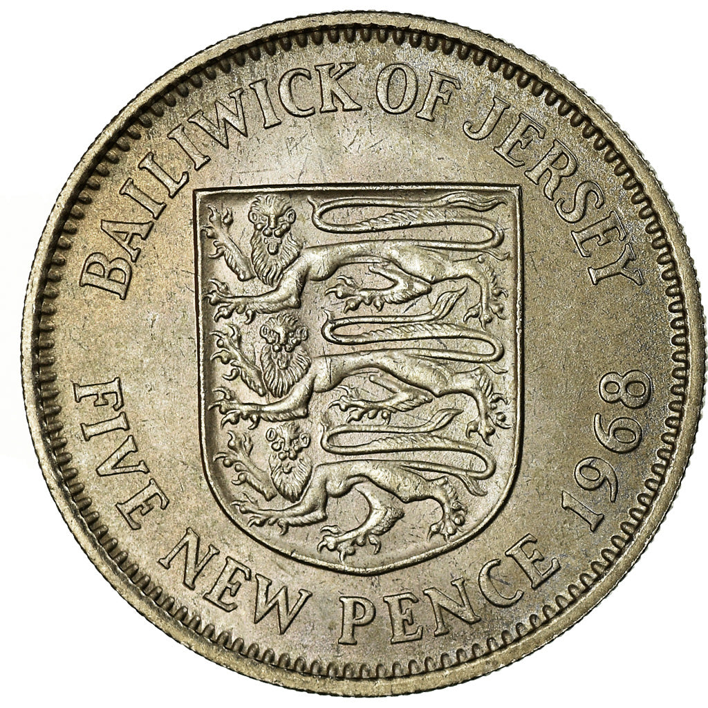 Coin, Jersey, Elizabeth II, 5 New Pence, 1968, AU(55-58), Copper-nickel, KM:32
