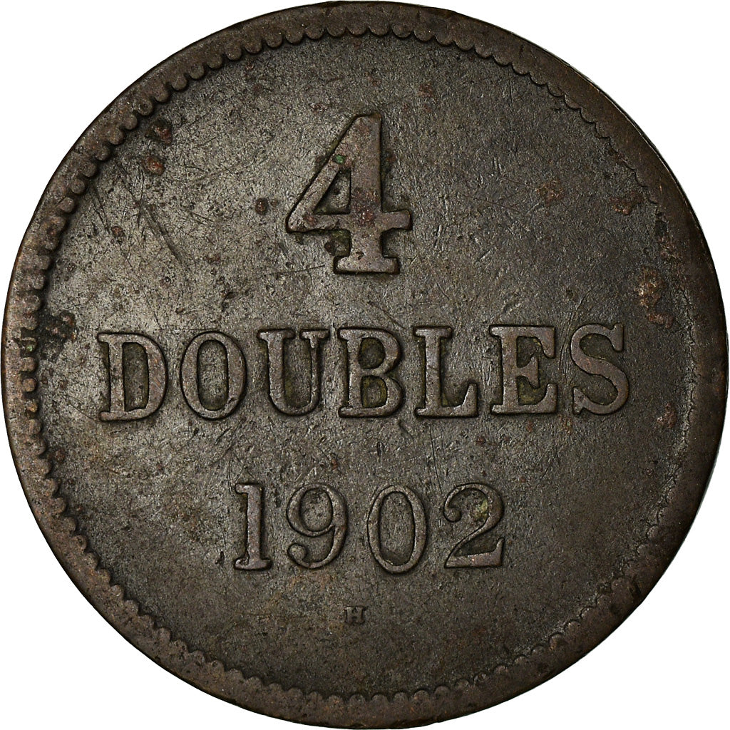 Coin, Guernsey, 4 Doubles, 1902, Heaton, Birmingham, F(12-15), Bronze, KM:5