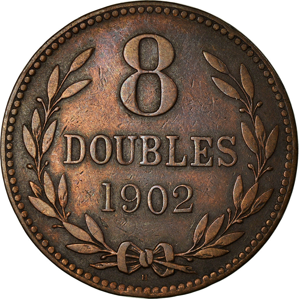 Coin, Guernsey, 8 Doubles, 1902, Heaton, Birmingham, VF(30-35), Bronze, KM:7