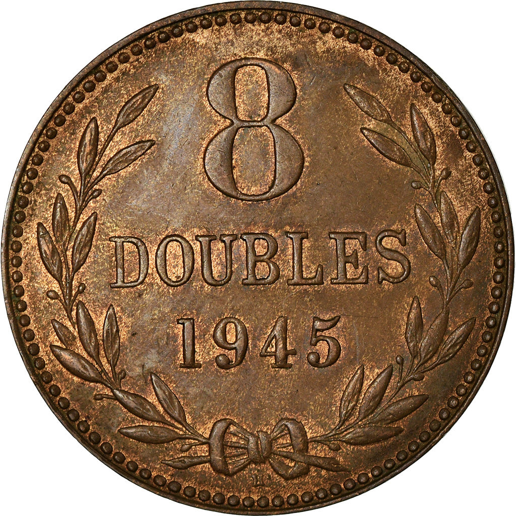 Coin, Guernsey, 8 Doubles, 1945, Heaton, Birmingham, EF(40-45), Bronze, KM:14