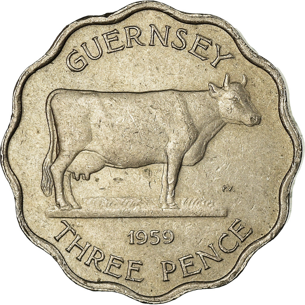 Coin, Guernsey, Elizabeth II, 3 Pence, 1959, AU(55-58), Copper-nickel, KM:18