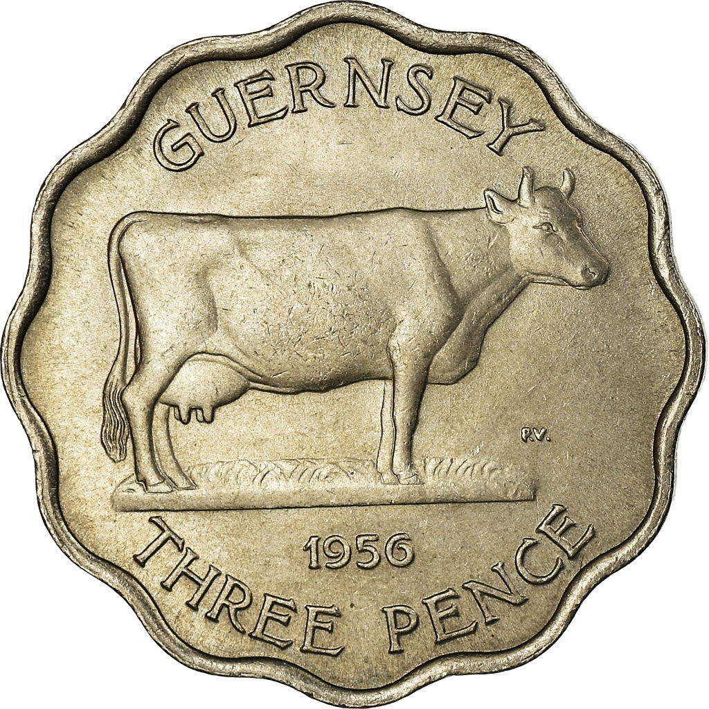 Coin, Guernsey, Elizabeth II, 3 Pence, 1956, MS(63), Copper-nickel, KM:17