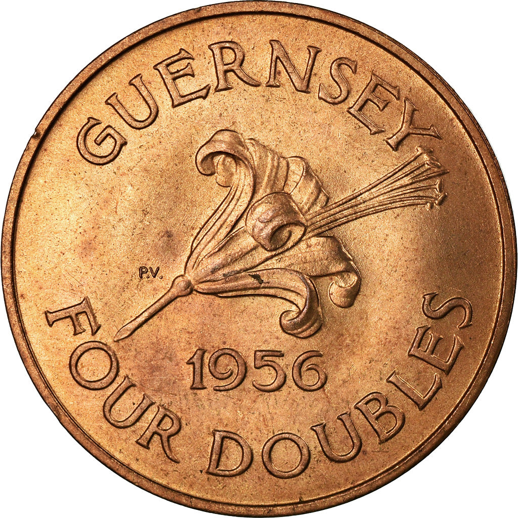 Coin, Guernsey, Elizabeth II, 4 Doubles, 1956, MS(63), Bronze, KM:15