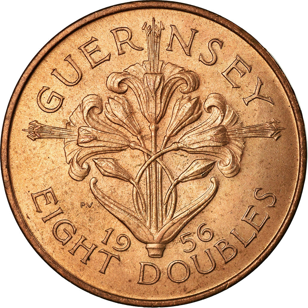 Coin, Guernsey, Elizabeth II, 8 Doubles, 1956, MS(63), Bronze, KM:16
