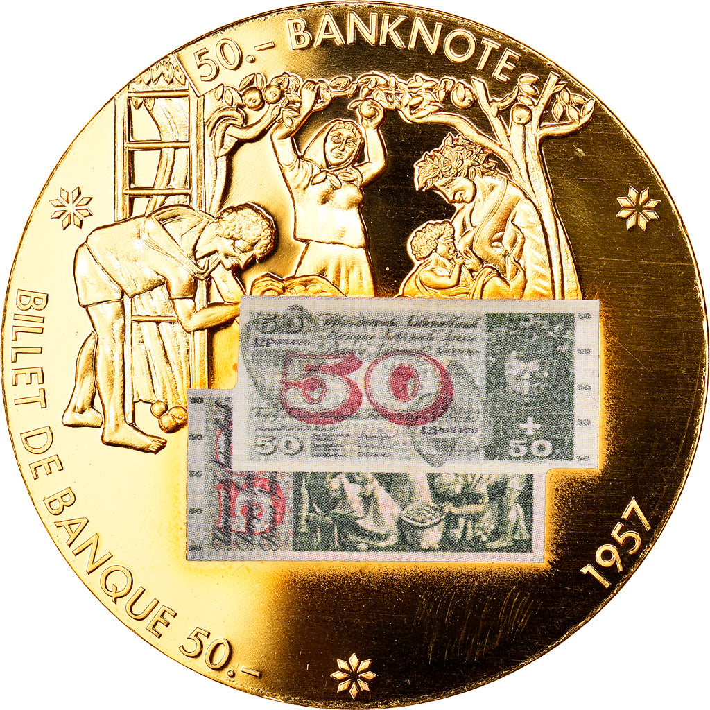 Switzerland, Medal, Billet de Banque 50 Francs, 1957, MS(63), Copper Gilt