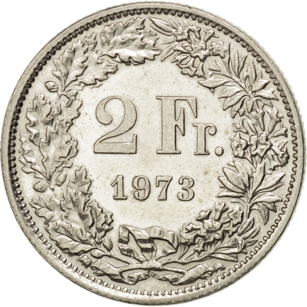 SWITZERLAND, 2 Francs, 1973, Bern, KM #21a.1, AU(55-58), Copper-Nickel, 27.4,...