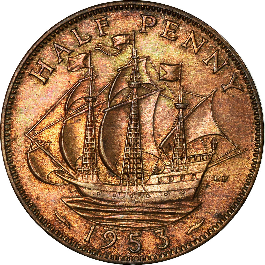 Coin, Great Britain, Elizabeth II, 1/2 Penny, 1953, EF(40-45), Bronze, KM:882