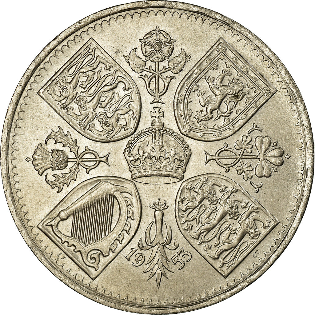 Coin, Great Britain, 5 Shillings, 1953, AU(55-58), Copper-nickel