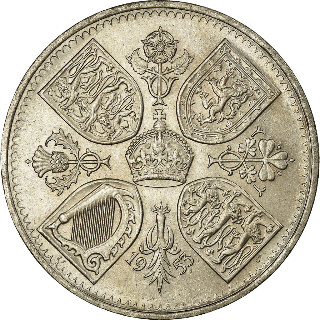 Coin, Great Britain, Elizabeth II, Crown, 1953, MS(63), Copper-nickel, KM:894