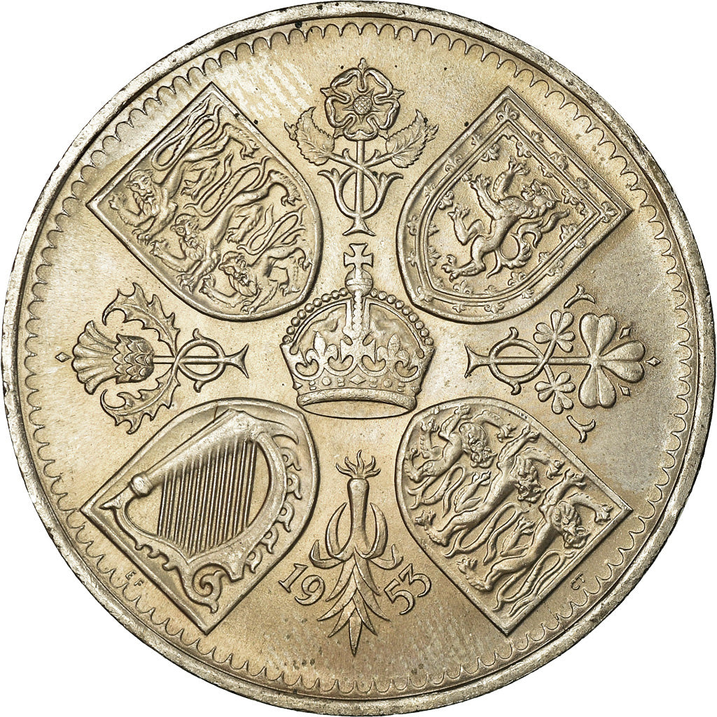 Coin, Great Britain, Elizabeth II, Crown, 1953, MS(63), Copper-nickel, KM:894