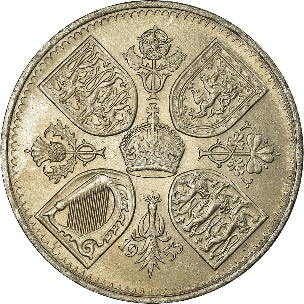 Coin, Great Britain, Elizabeth II, Crown, 1953, MS(63), Copper-nickel, KM:894