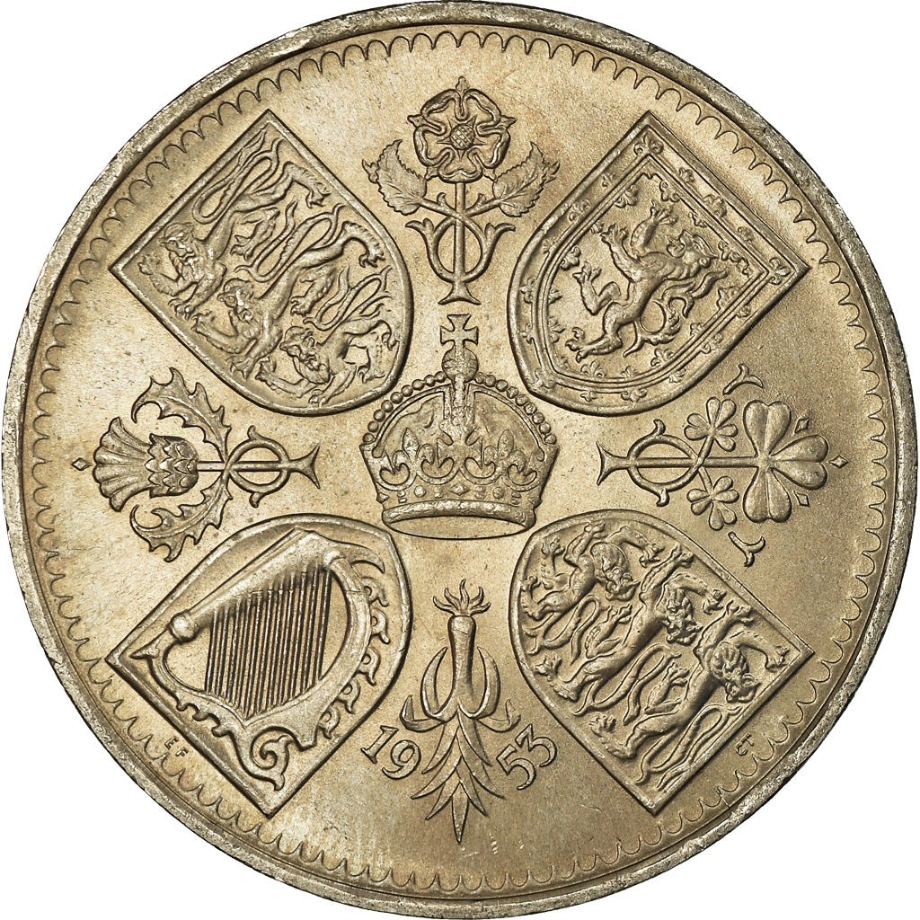 Coin, Great Britain, Elizabeth II, Crown, 1953, MS(63), Copper-nickel, KM:894