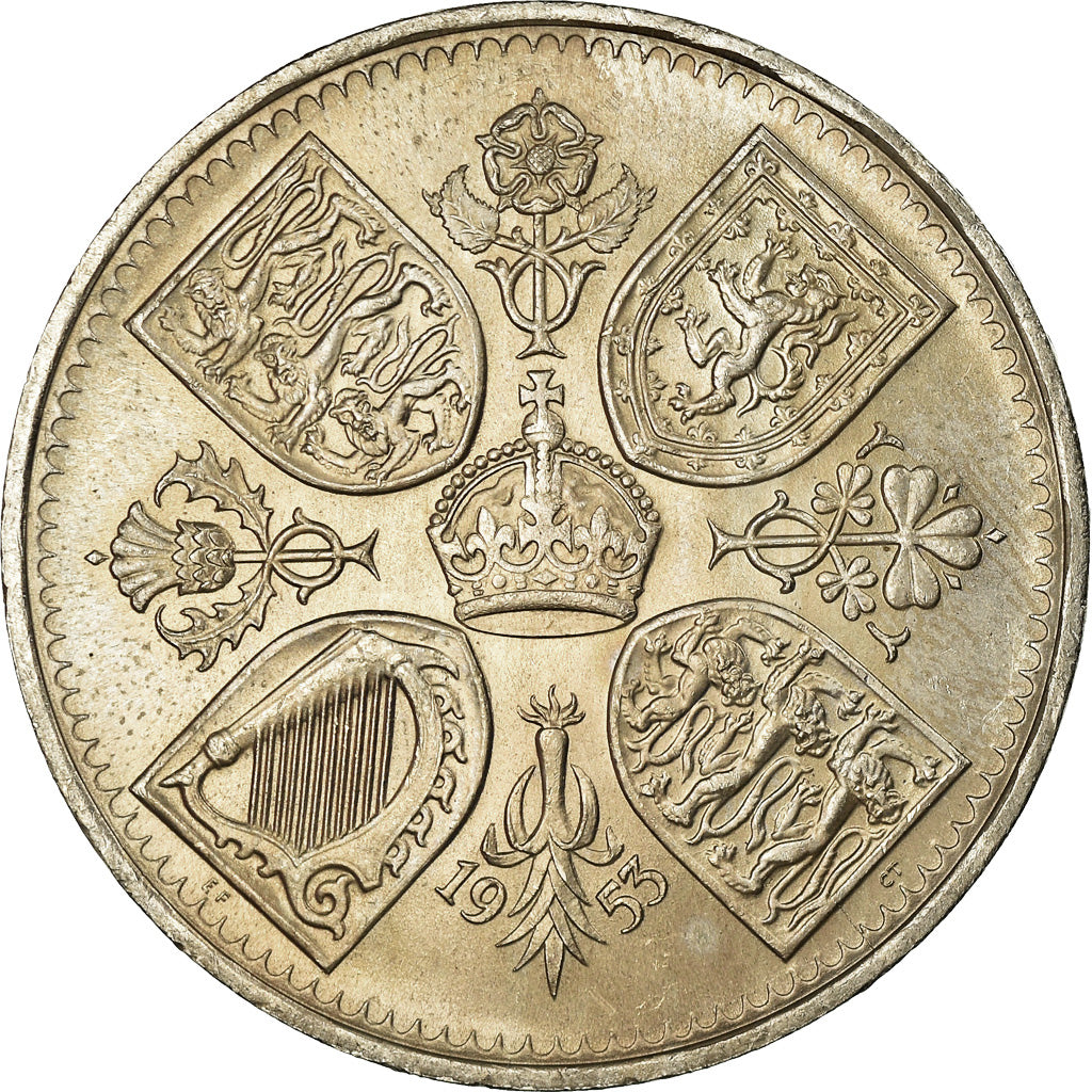 Coin, Great Britain, Elizabeth II, Crown, 1953, MS(63), Copper-nickel, KM:894